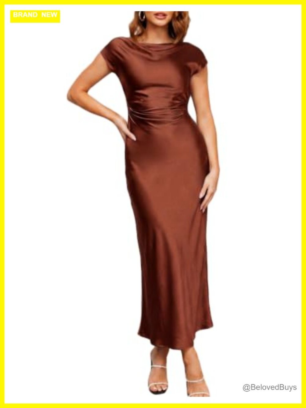 Women's Satin Backless Midi Dress Cap Sleeve Cowl Neck Cocktail Wedding Guest